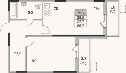 Планировка: 1-к, 52,7 м²