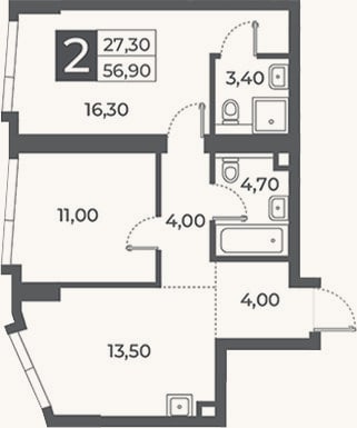 Планировка: 2-к, 56,9 м²