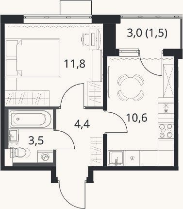 Планировка: 1-к, 30,3 м²