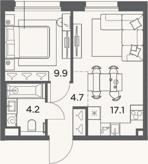 Планировка: 1-к, 35,9 м²