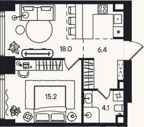 Планировка: 2-к, 43,7 м²