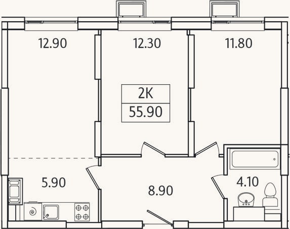 Планировка: 2-к, 55,9 м²