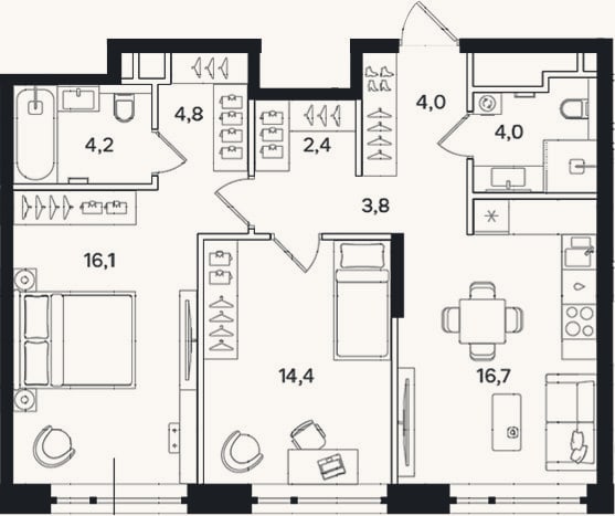 Планировка: 2-к, 70,4 м²