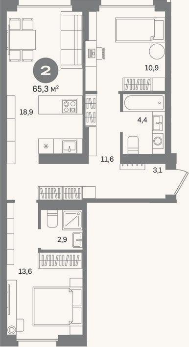 Планировка: 2-к, 65,4 м²