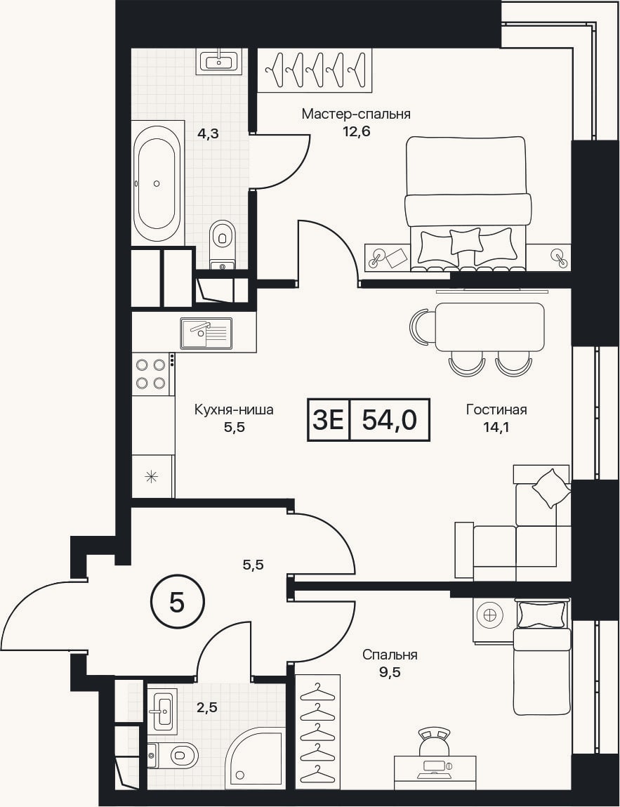 Планировка: 3-к, 54 м²