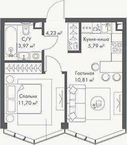 Планировка: 2-к, 36,5 м²