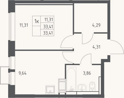 Планировка: 1-к, 33,4 м²