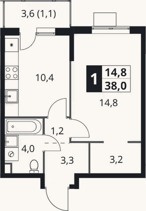 Планировка: 1-к, 36,9 м²