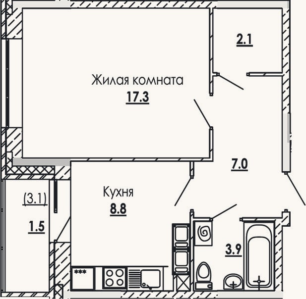 Планировка: 1-к, 39,1 м²