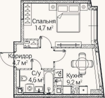 Планировка: 1-к, 33,2 м²