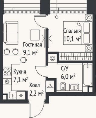 Планировка: 2-к, 34,4 м²