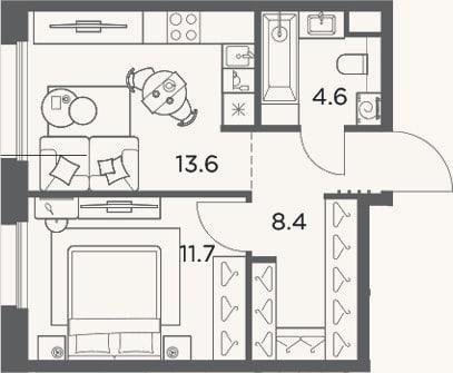 Планировка: 1-к, 38,3 м²