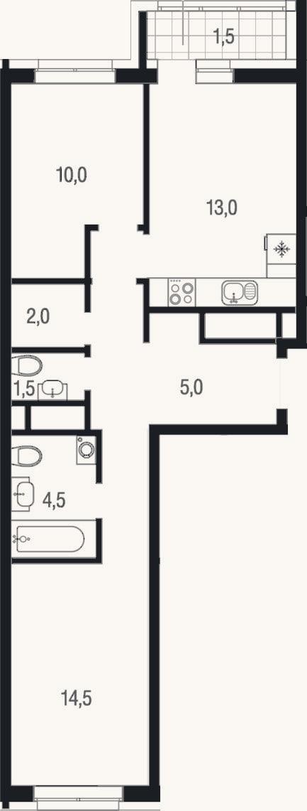 Планировка: 2-к, 50,5 м²