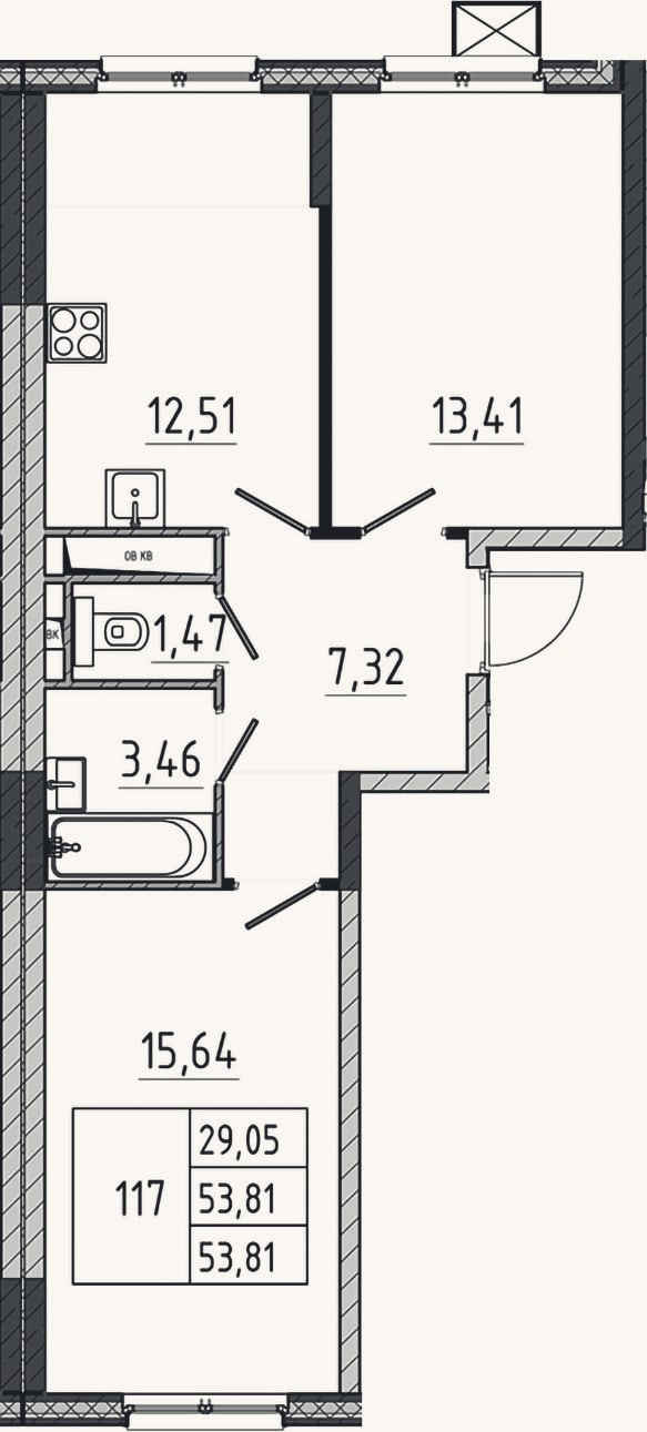 Планировка: 2-к, 53,8 м²
