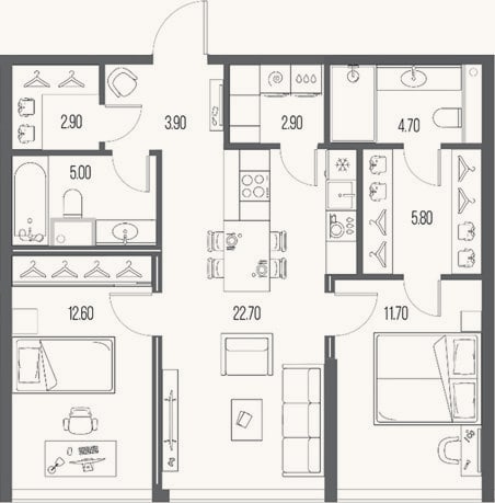 Планировка: 2-к, 72,2 м²