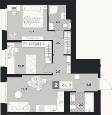 Планировка: 2-к, 60,3 м²