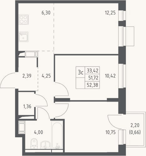 Планировка: 3-к, 51,7 м²