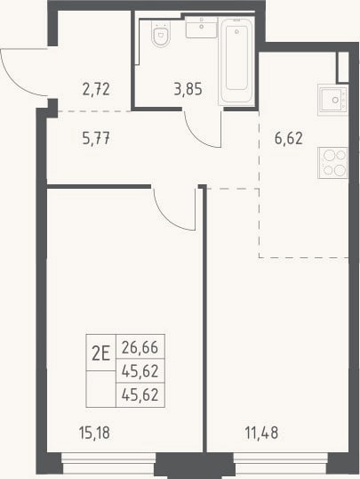 Планировка: 2-к, 45,6 м²