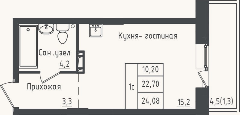 Планировка: Студия, 22,7 м²