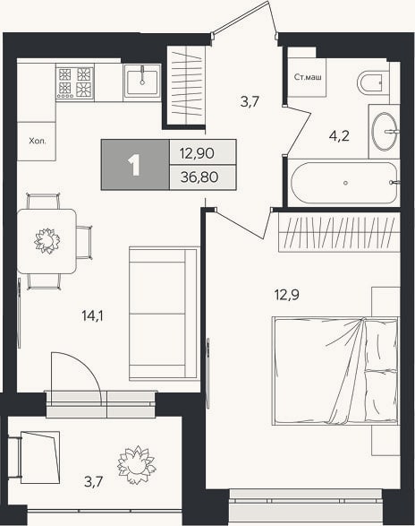 Планировка: 1-к, 35 м²