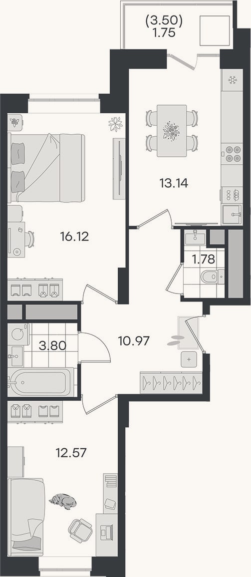 Планировка: 2-к, 58,4 м²