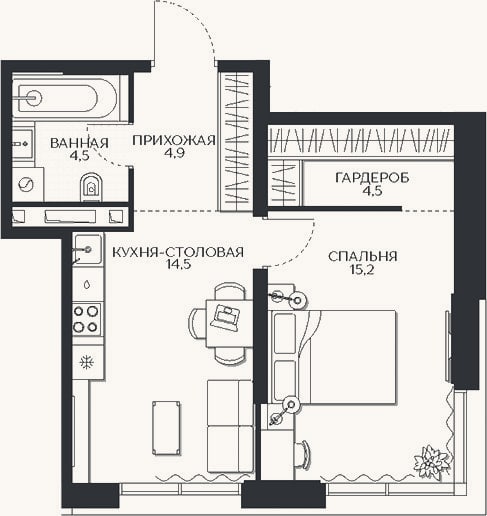 Планировка: 1-к, 43,7 м²