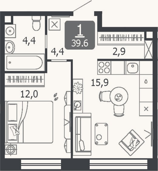 Планировка: 2-к, 39,6 м²