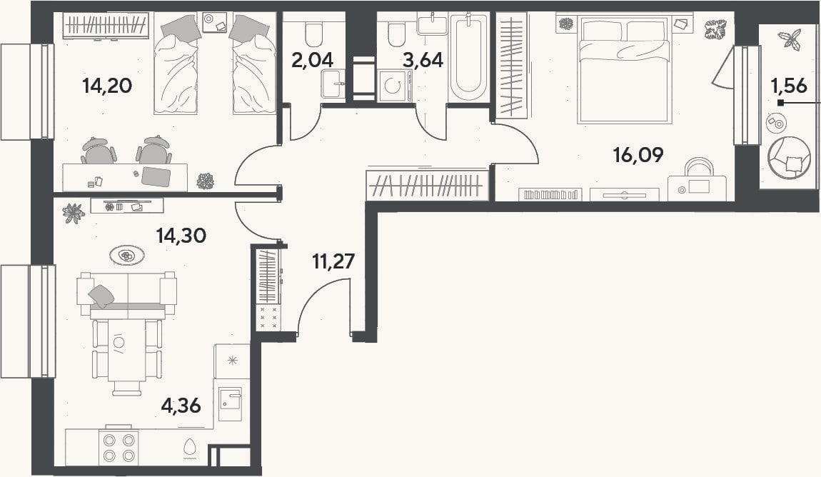 Планировка: 3-к, 65,9 м²