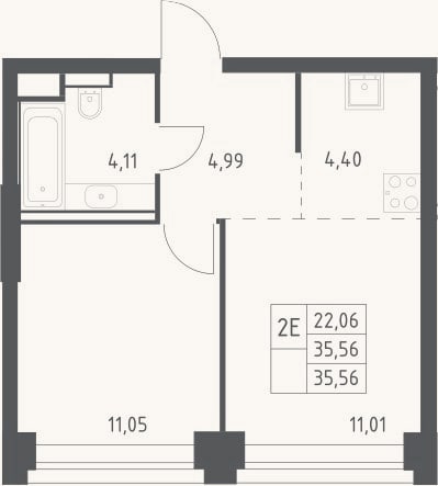 Планировка: 2-к, 35,6 м²