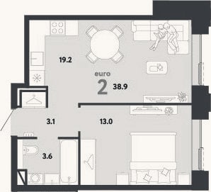 Планировка: 2-к, 38,9 м²