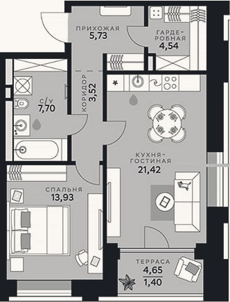 Планировка: 2-к, 56,8 м²