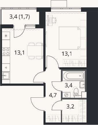 Планировка: 1-к, 37,5 м²