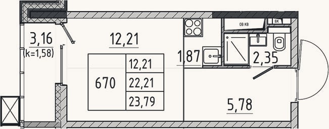 Планировка: Студия, 22,2 м²