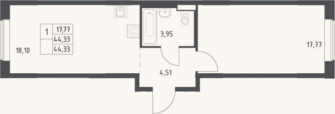 Планировка: 2-к, 44,3 м²