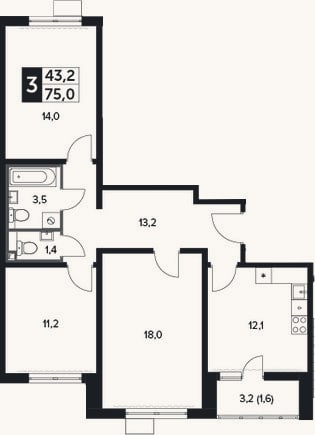 Планировка: 3-к, 74,4 м²