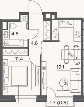 Планировка: 2-к, 39,6 м²