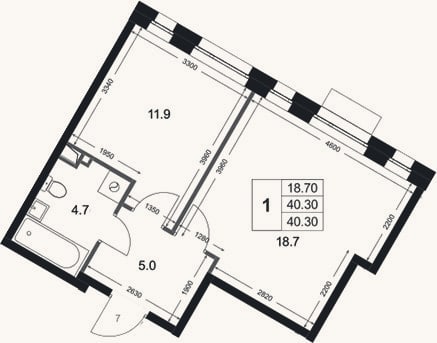 Планировка: 1-к, 40,3 м²