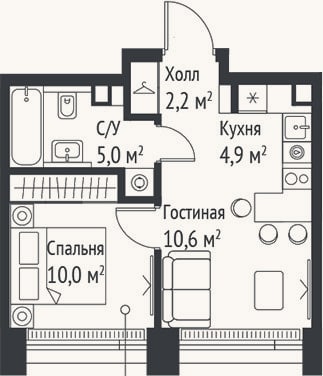Планировка: 2-к, 32,6 м²