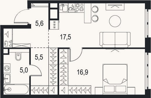 Планировка: 2-к, 50,5 м²