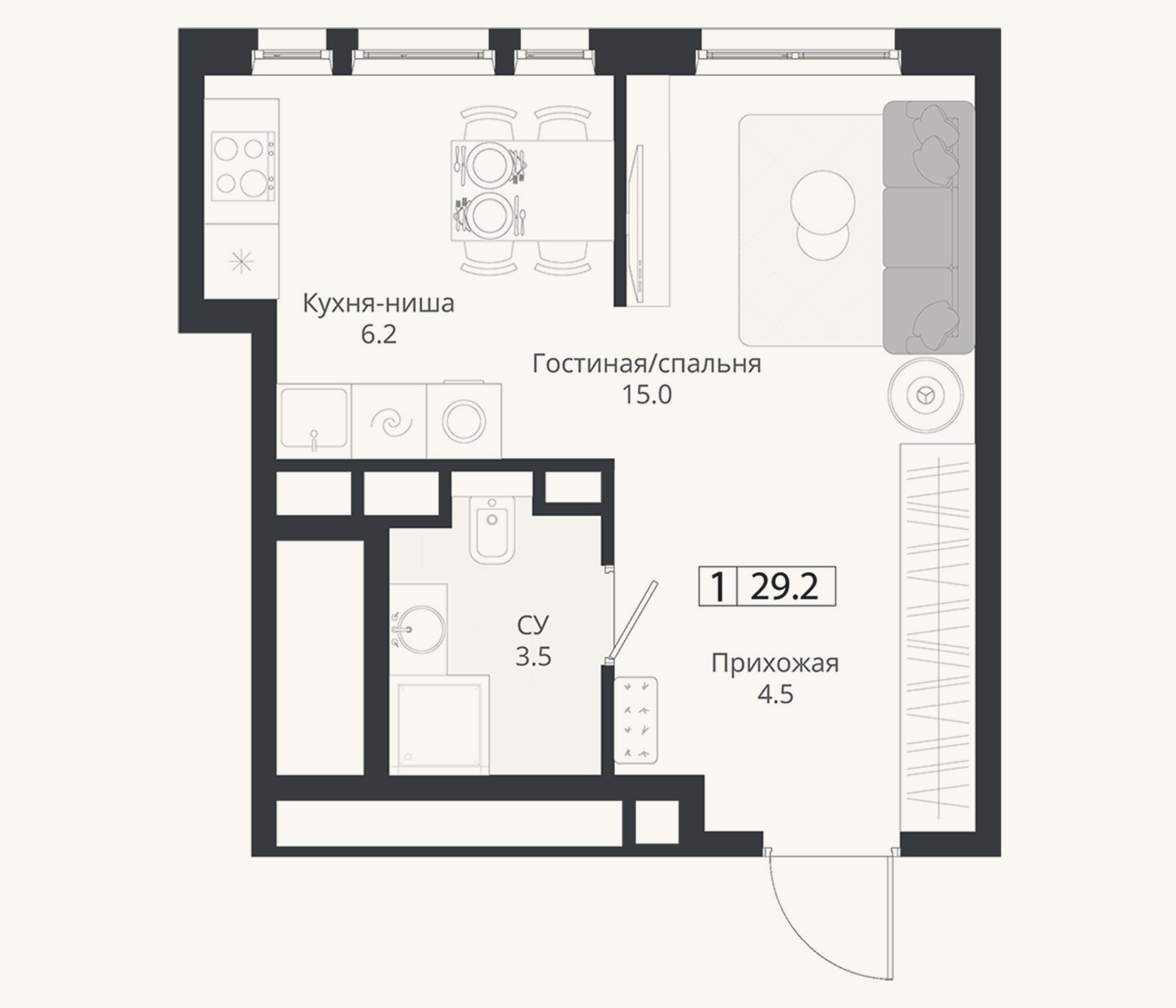 Планировка: Студия, 29,2 м²