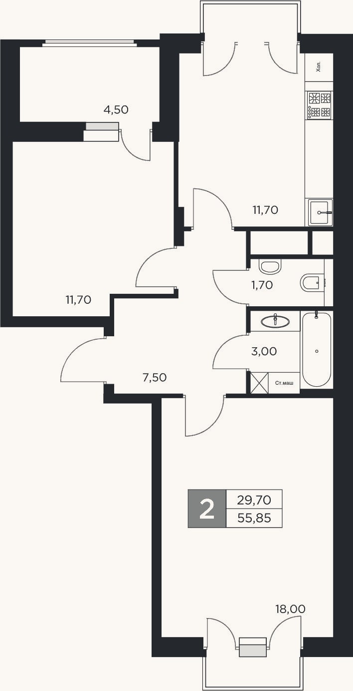 Планировка: 2-к, 53,6 м²