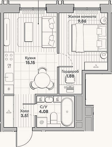 Планировка: 1-к, 34,5 м²