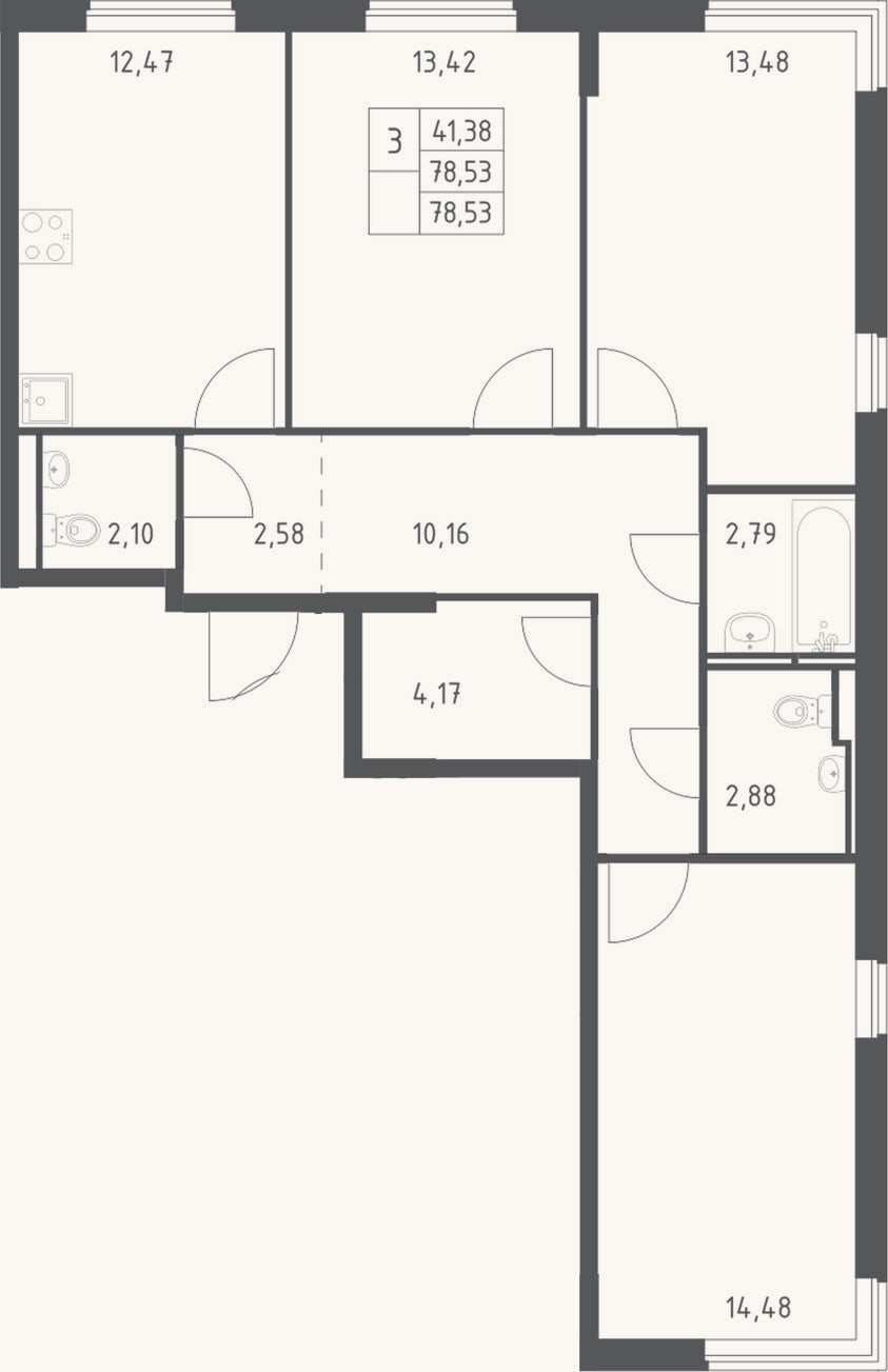 Планировка: 3-к, 78,5 м²