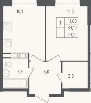 Планировка: 1-к, 33,1 м²