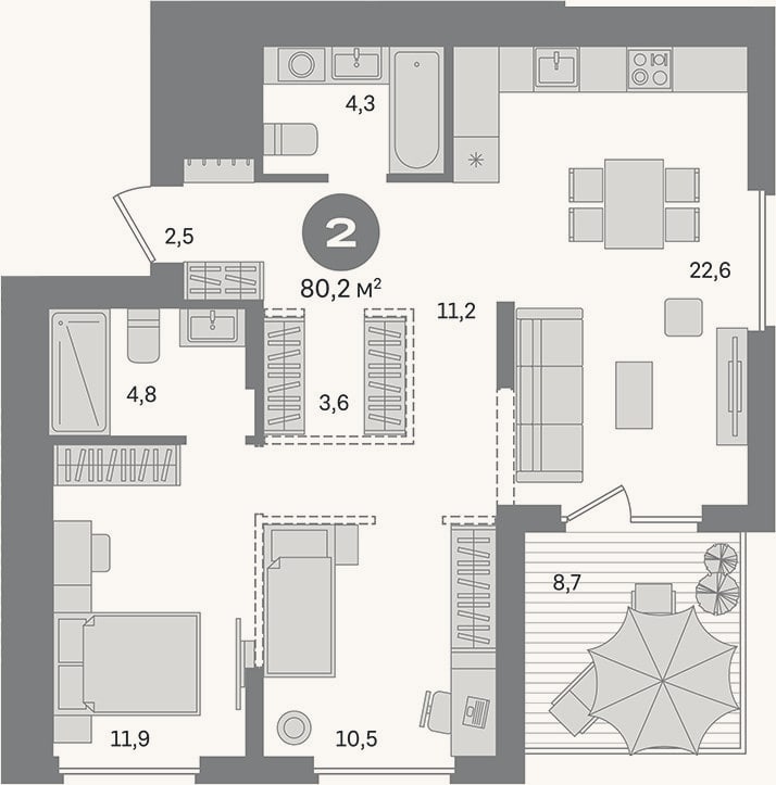 Планировка: 2-к, 71,5 м²