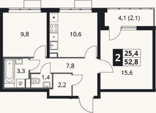 Планировка: 2-к, 50,7 м²