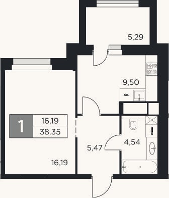 Планировка: 1-к, 35,7 м²