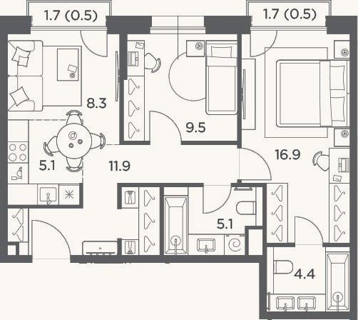 Планировка: 3-к, 61,2 м²