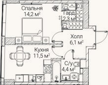 Планировка: 1-к, 37,8 м²