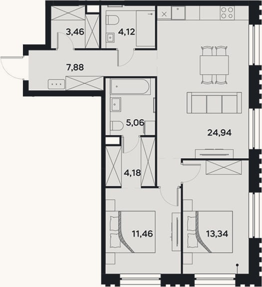Планировка: 3-к, 75,6 м²